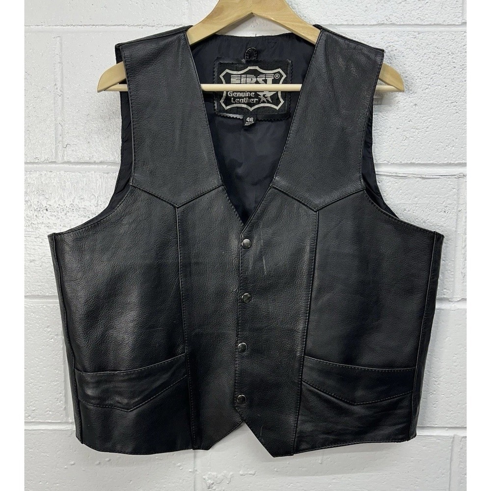 First Genuine Leather Men's Black Motorcycle‎ Biker Vest with Pockets Size 46